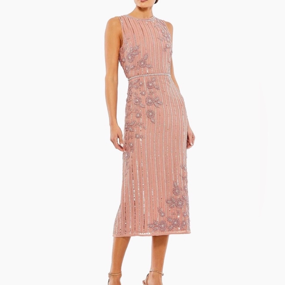 NWT Mac Duggal 2 70260 Pink Striped Floral Embellished Sleeveless Midi Dress